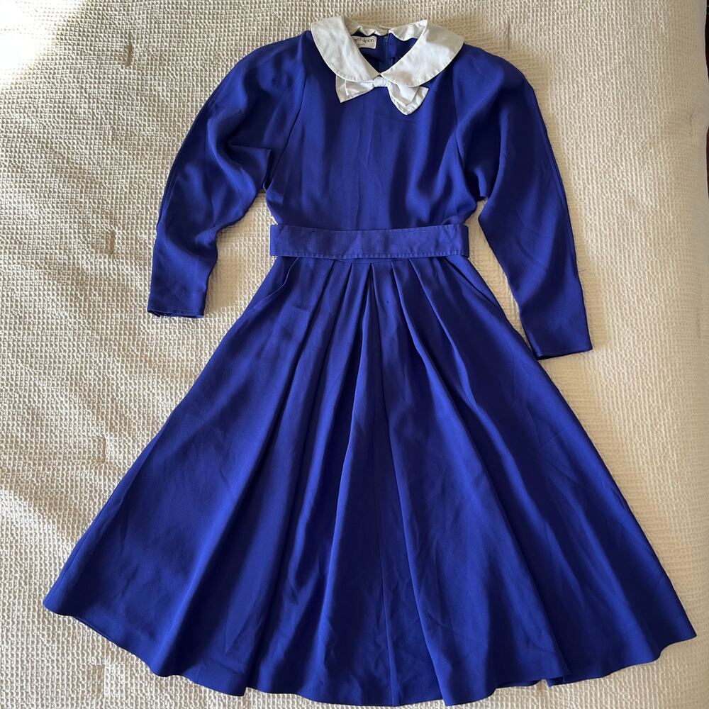 80s Designer Albert Nipon Blue Midi Dress w/ White Collar